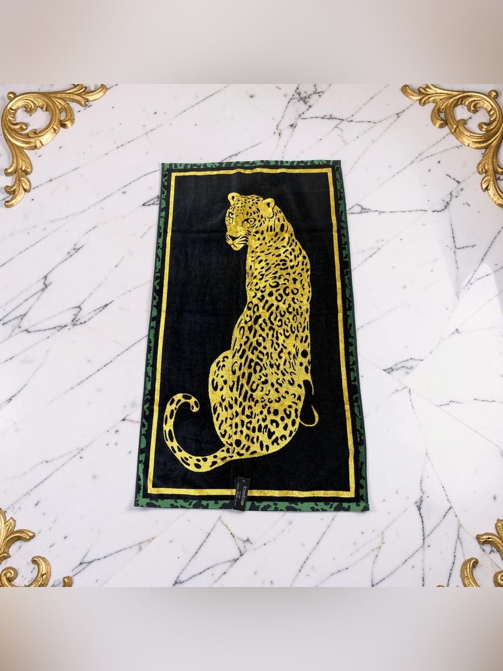 bebe NWT Beautiful Plush Gold, Black & Green Leopard Print 3pc Towel Set